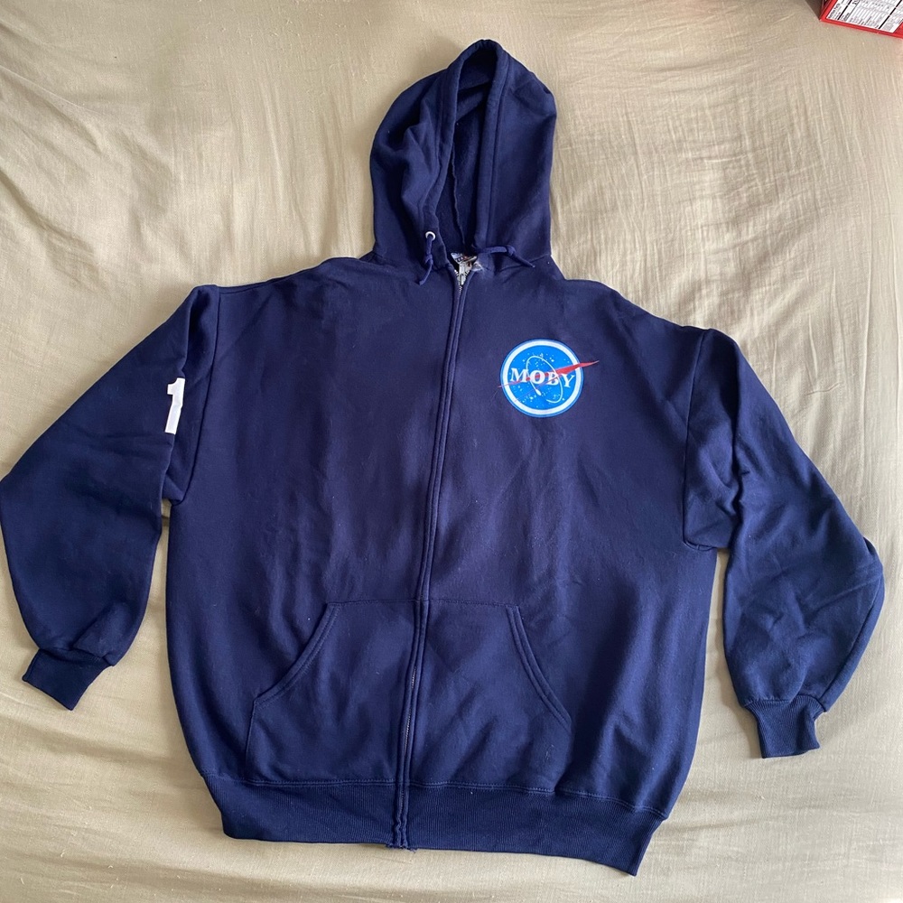 Moby promo only zip up hoodie, blue extra large NASA inspired graphic